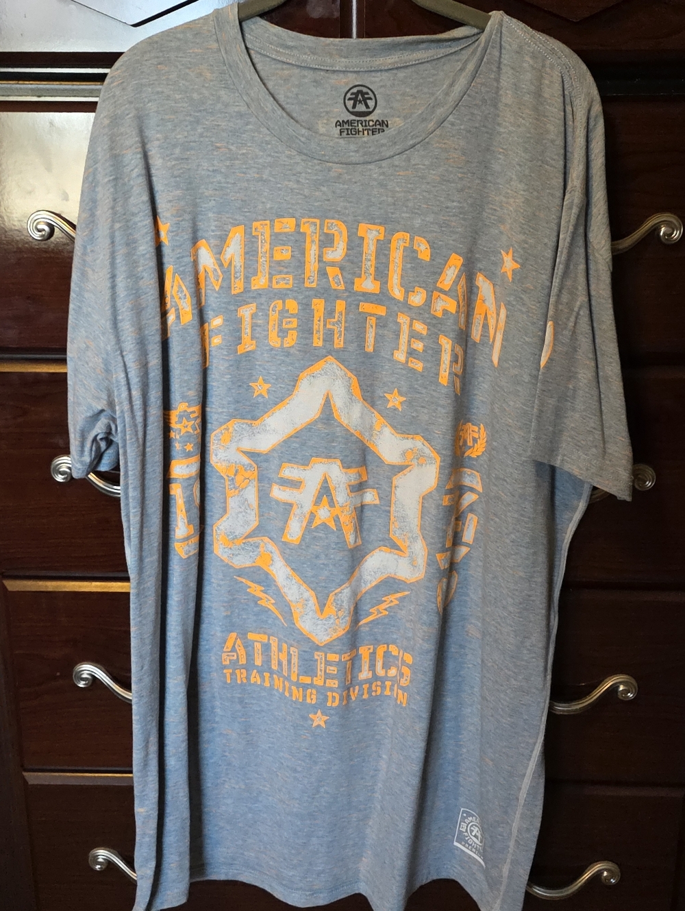 American Fighter Graphic Tee in Heather Blue with Orange Print sz 3xl